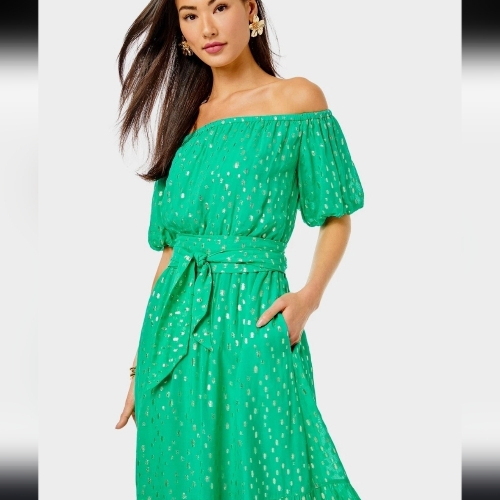 Lilly Pulitzer Tamie Off The Shoulder Midi Dress Botanical Green NWT Size Large - Picture 5 of 16